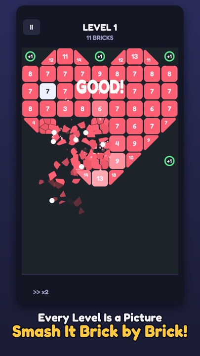 A heart picture made of bricks, with the aim line pointing into it